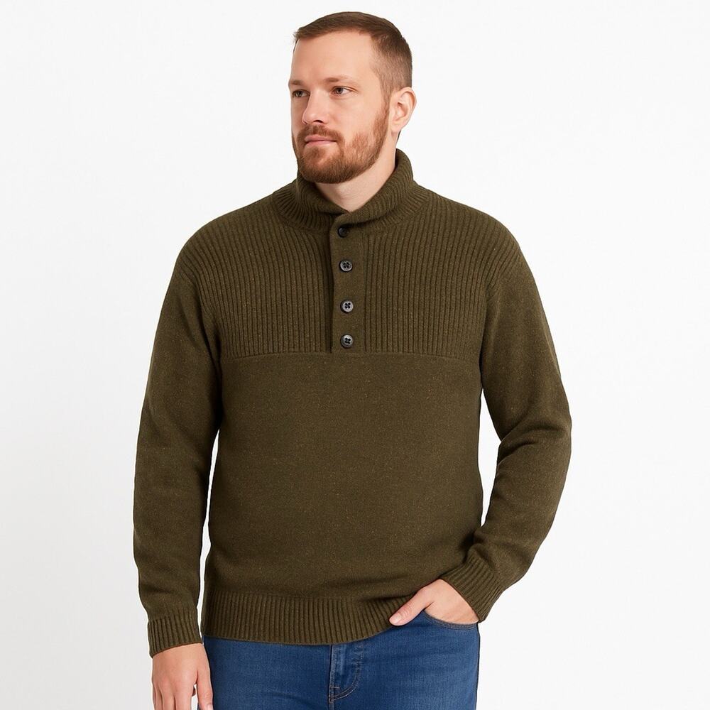 Alesbury XL Men’s Sweater Green Donegal Fleck Shawl Collar 1/4 Button Wool Blend